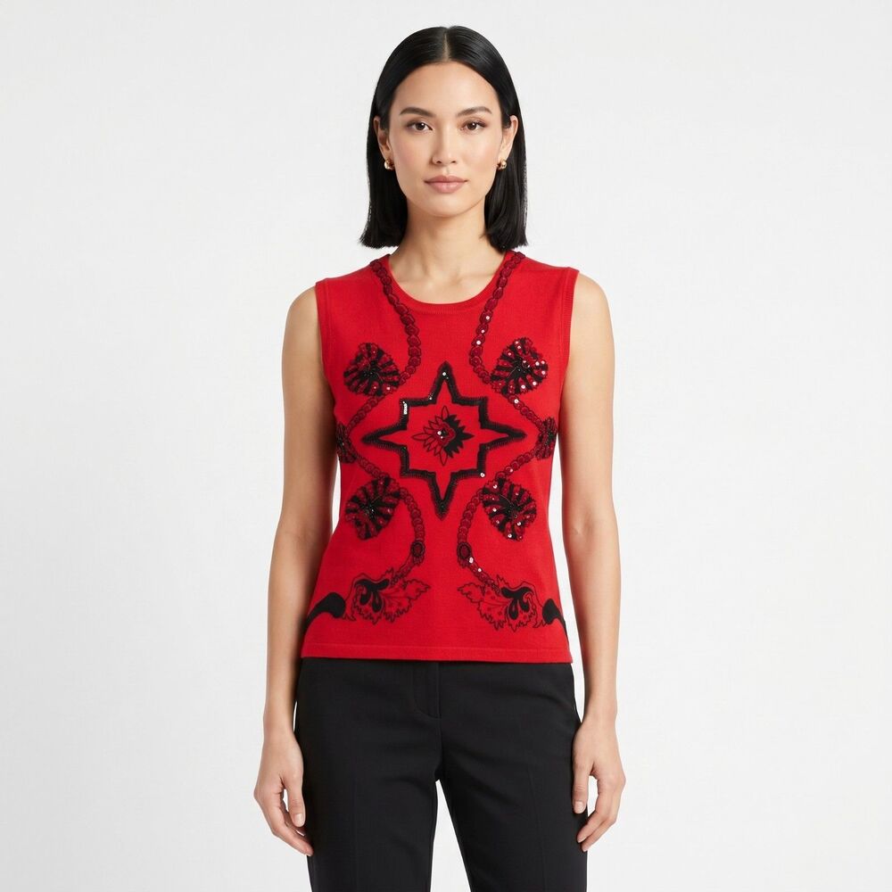 Vintage Elizabeth New York Red Beaded Sweater Petite Small Black Appliqué